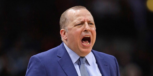 Head coach Tom Thibodeau of the Minnesota Timberwolves yells instructions to his team against the Chicago Bulls at the United Center Dec. 26, 2018, in Chicago.
